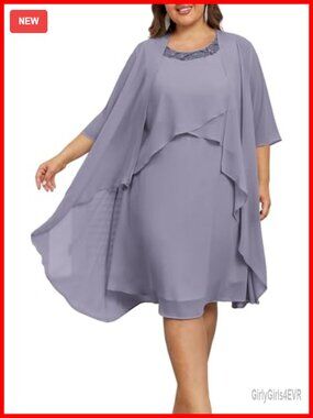 Plus Size 2 Piece Dress with Jacket Chiffon 3/4 Sleeve Mother of Bride